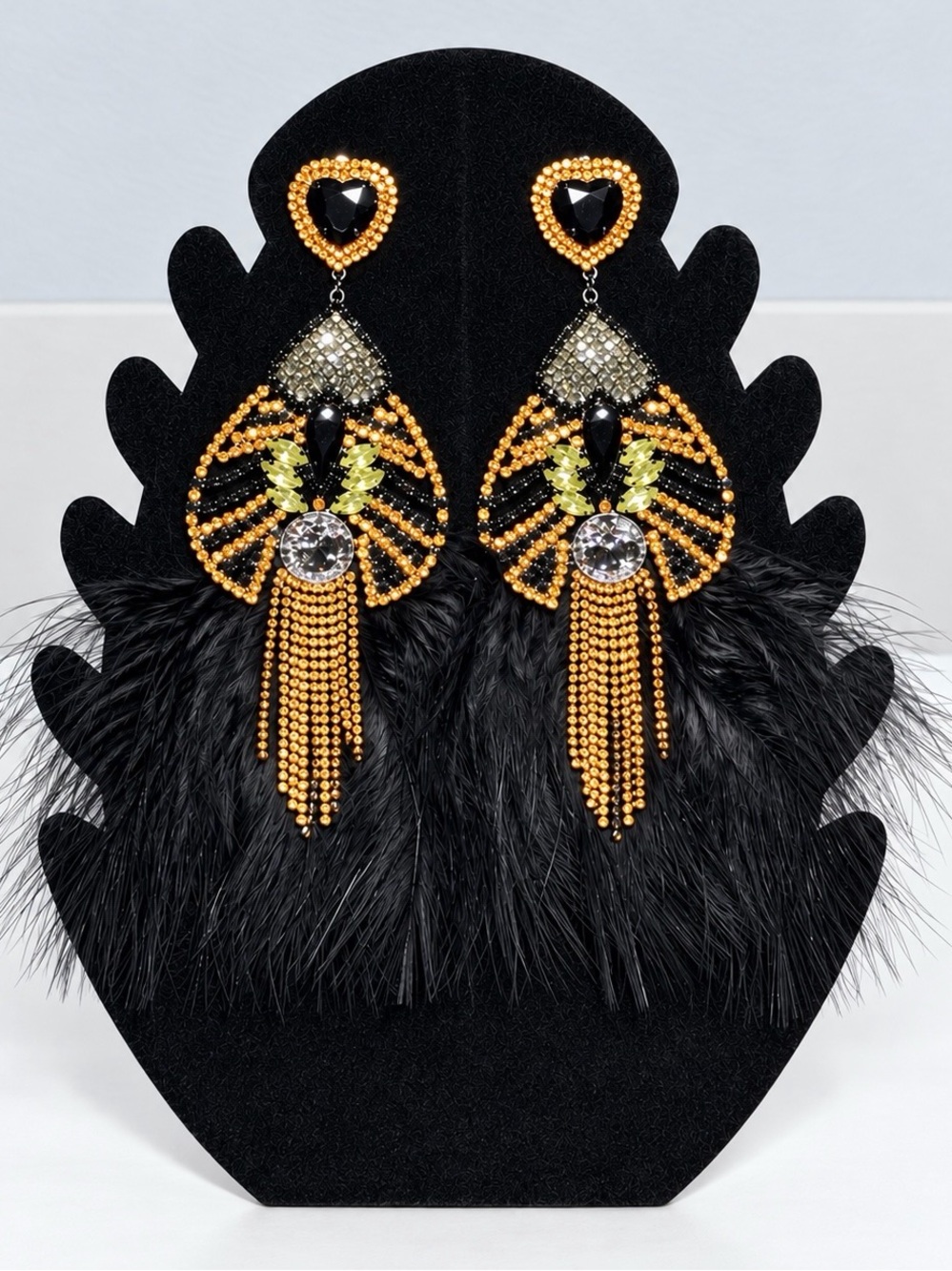 Oversized Black Feather Statement Earrings